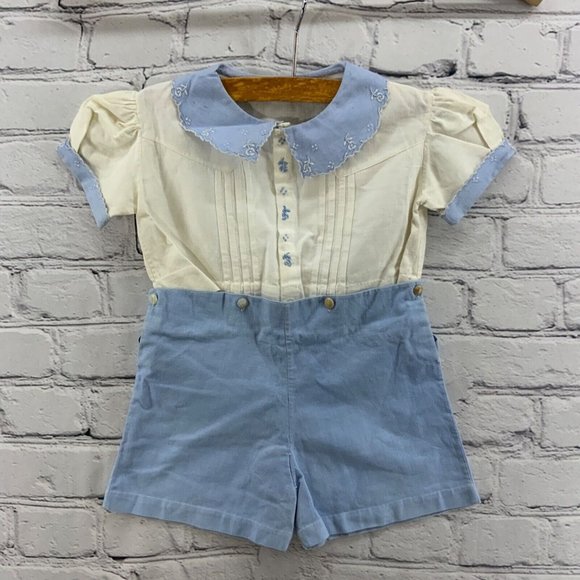 Vintage Baby Outfit Handmade in Madeira Portugal Sz 2 Blue White Unisex